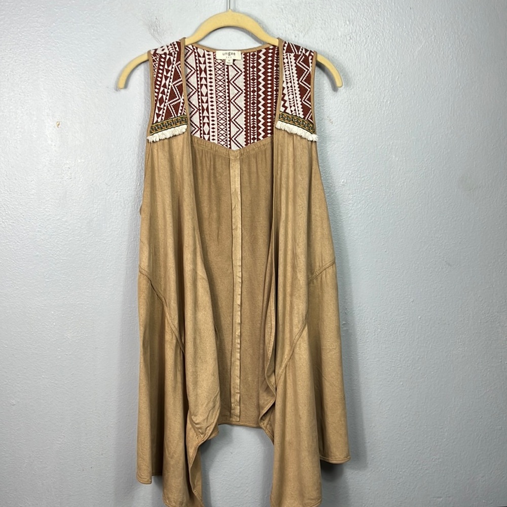 Umgee Tan & Southwest Print Waterfall Tunic Length Vest Medium